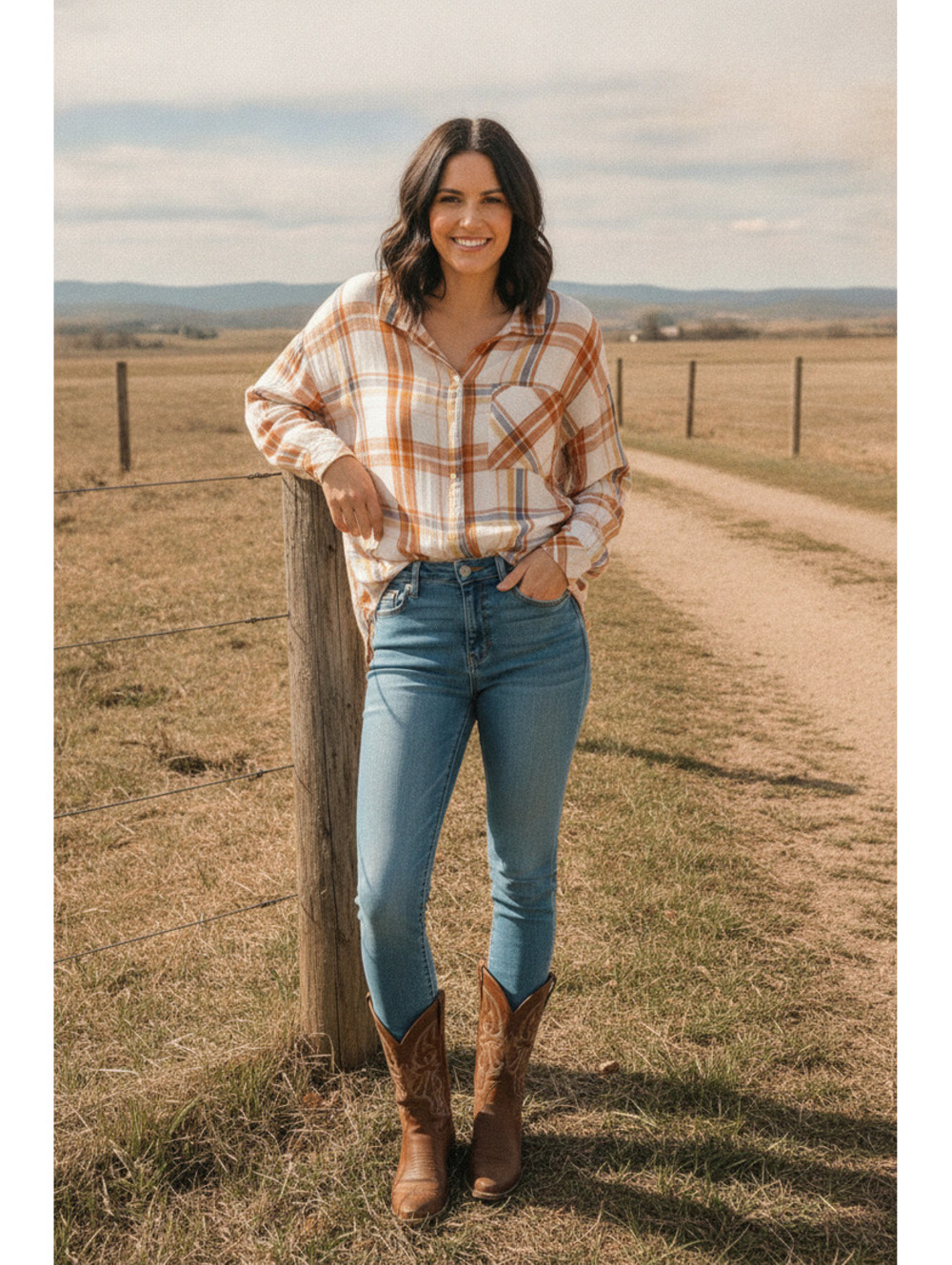 True Craft Women's Plaid Button-Up Shirt in Orange and Beige